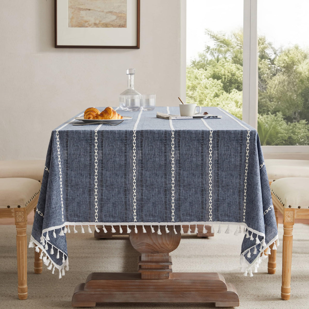 ZeeMart Hemstitched Striped Boho Table Cloth, 54x70 Inch Natural