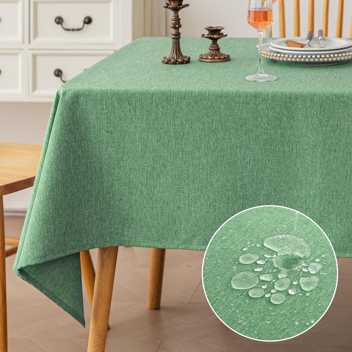 Amazon Basics Rectangle Tablecloth Water-Repellent, Faux Linen Textured Table Cloth Wrinkle Resistant Washable, Decorative Fabric Table Cover for Dining, 52" x 70", Green, Pack of 1