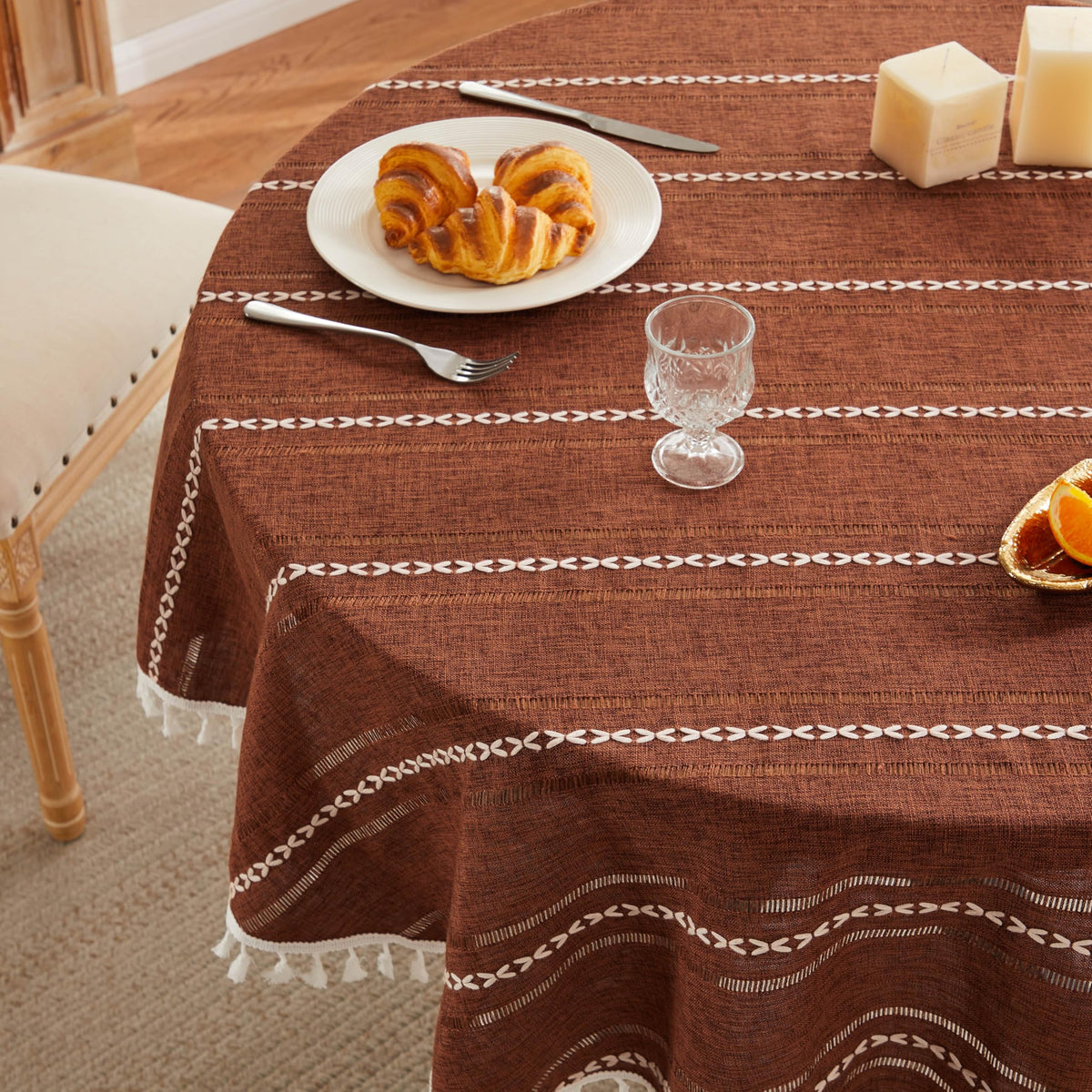 ZeeMart Hemstitched Striped Boho Table Cloth, 54x70 Inch Natural
