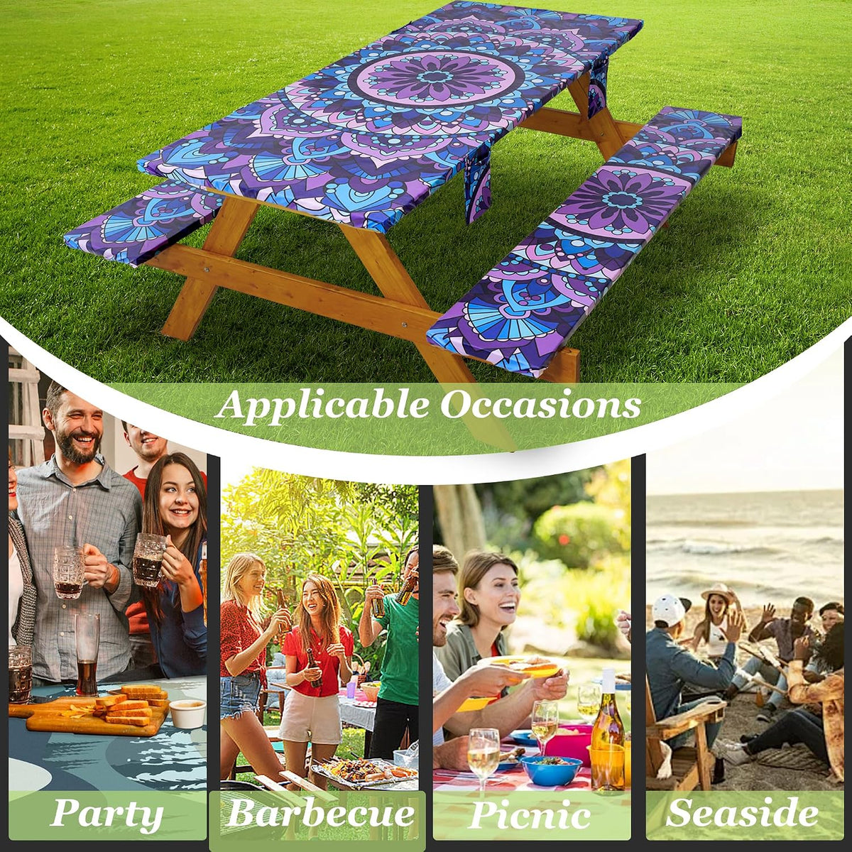 Fitted Picnic Table Cover with Bench Covers Vinyl Waterproof Elastic Edges Fitted Rectangle Tables Patio Tablecloth Camping Gear and Essentials Rv Accessories Road Trip Supplies Car Travel Must Haves