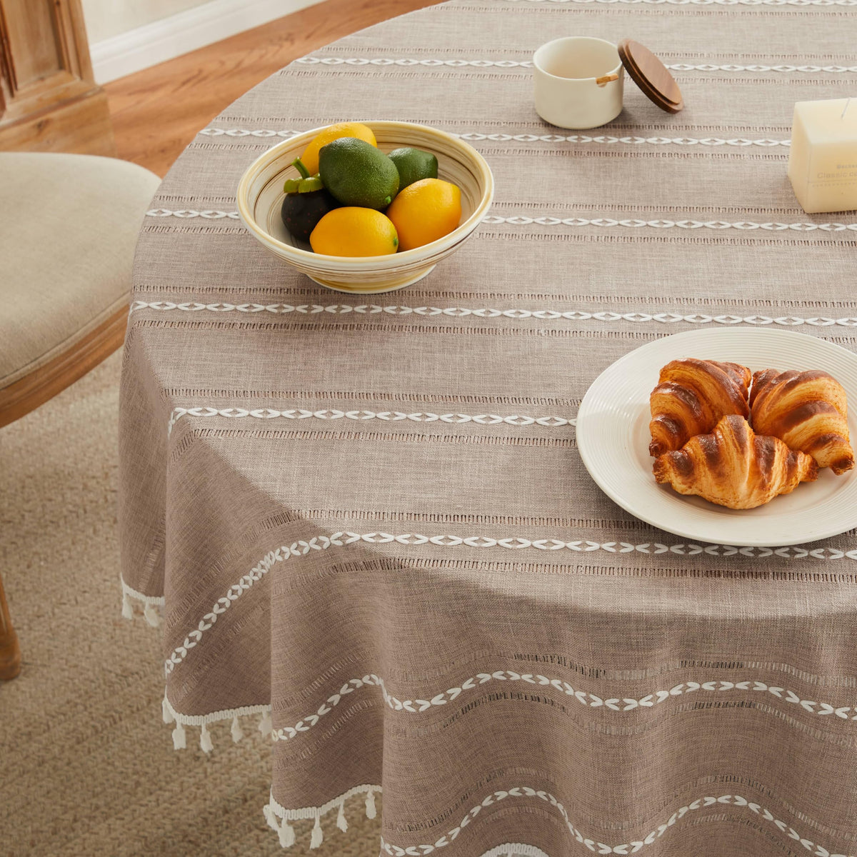 ZeeMart Hemstitched Striped Boho Table Cloth, 54x70 Inch Natural