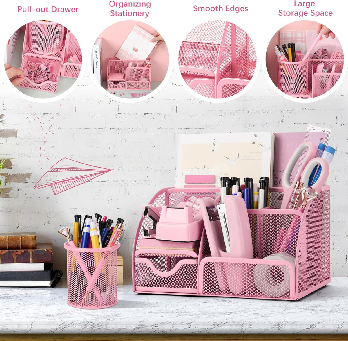 Fayoo 11 Pcs Pink Office Supplies Set Mesh Desk Organizer Accessories Kit