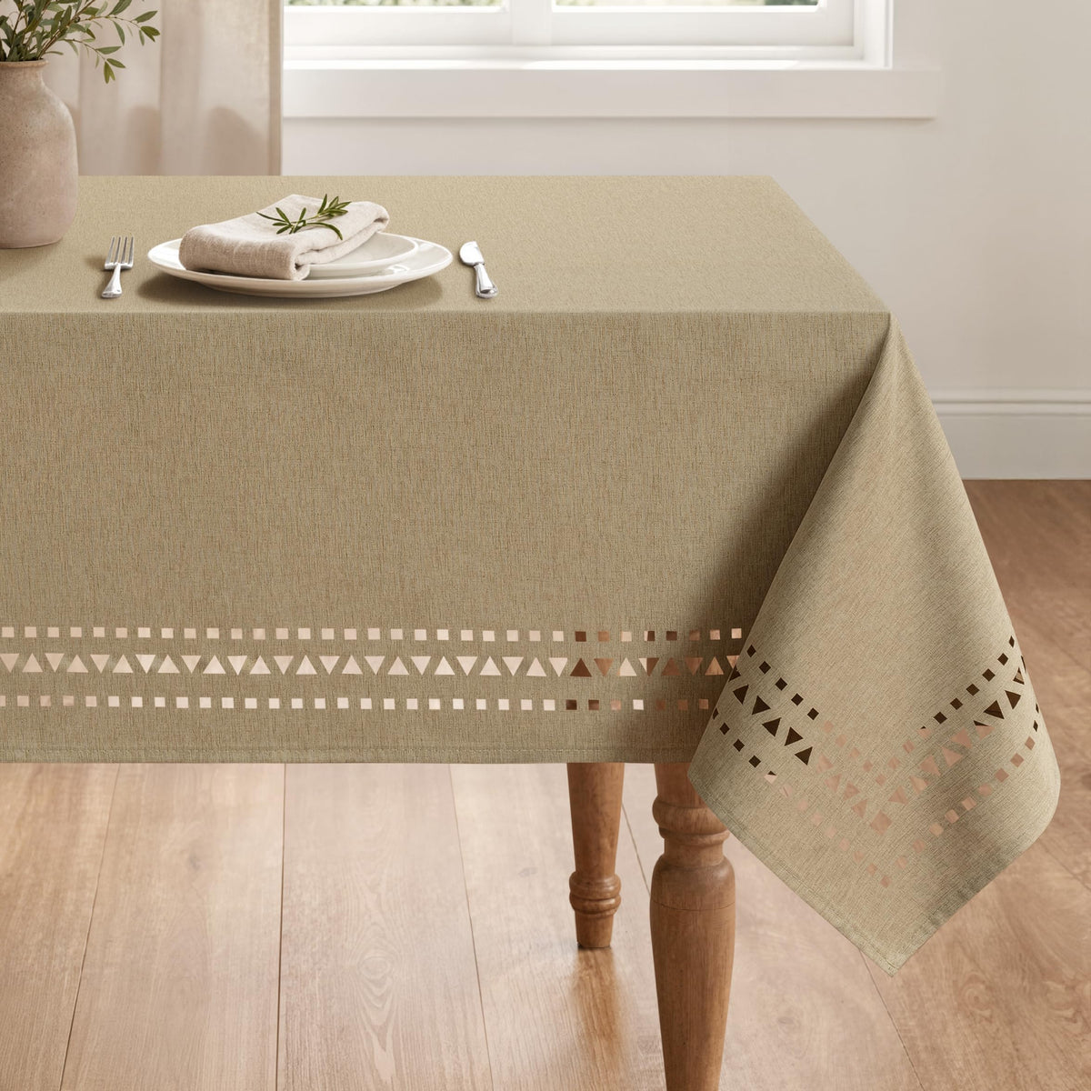MIULEE 60 Inch Round Tablecloth with Decorative Cutouts Beige