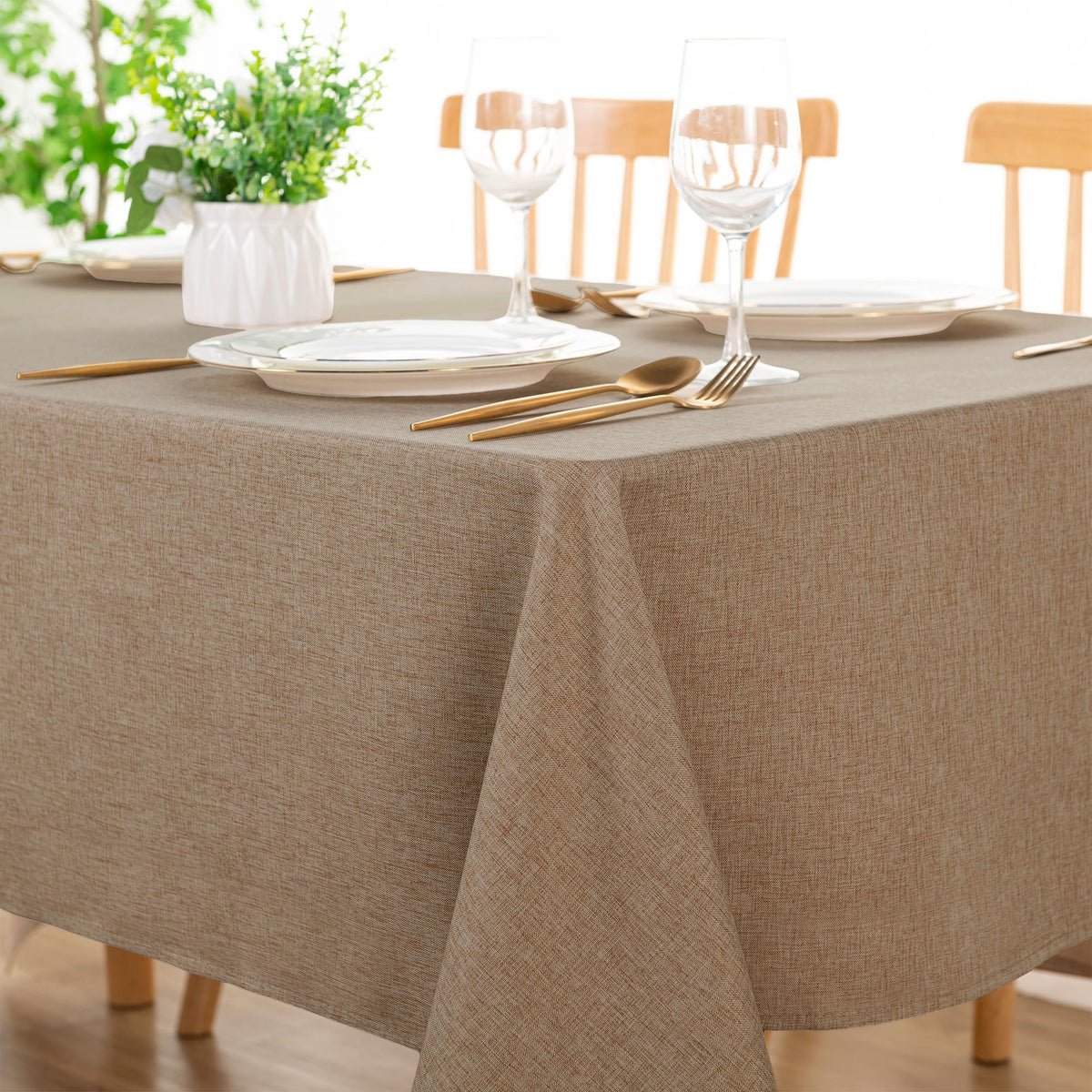 DWCN Rectangle Faux Linen Tablecloth, Table Cover, 52 x 70 Inch, Beige