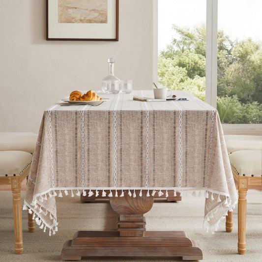 ZeeMart Hemstitched Striped Boho Table Cloth, 54x70 Inch Natural