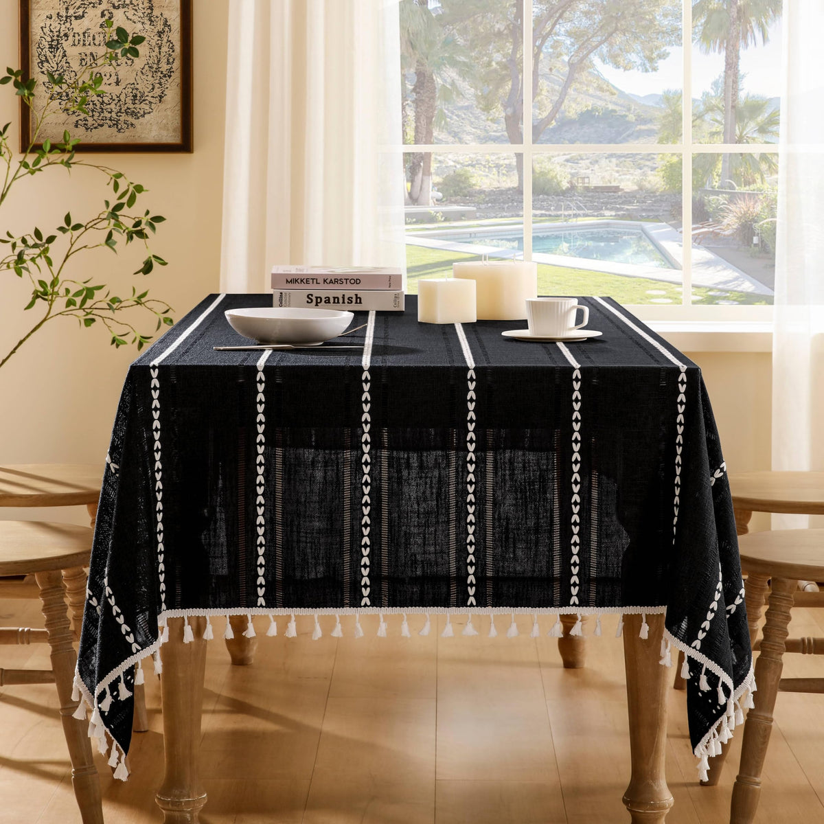 ZeeMart Hemstitched Striped Boho Table Cloth, 54x70 Inch Natural