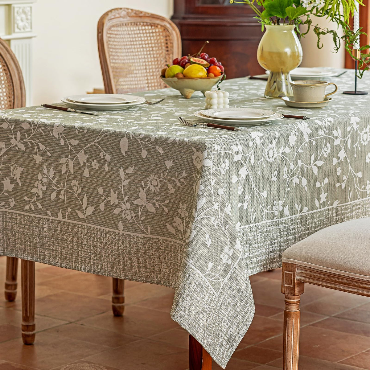 Midsummer Breeze French Country Beige Floral Tablecloth Rectangle 60”x75”