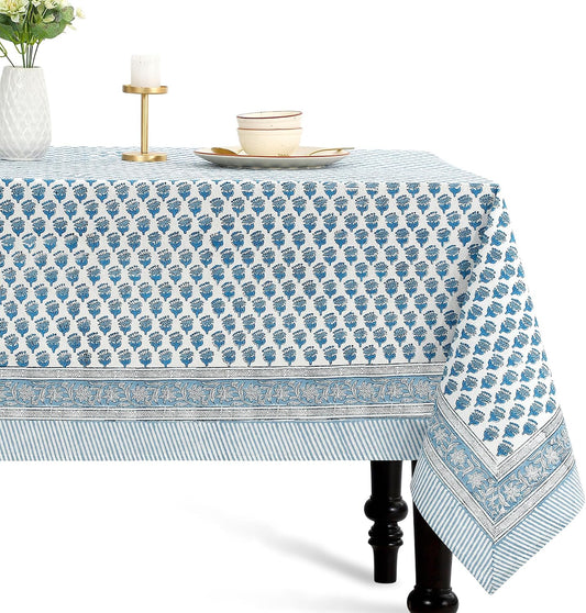 CPC Apatite Blue Block Print 100% Cotton Square Tablecloth 60x60 Inch
