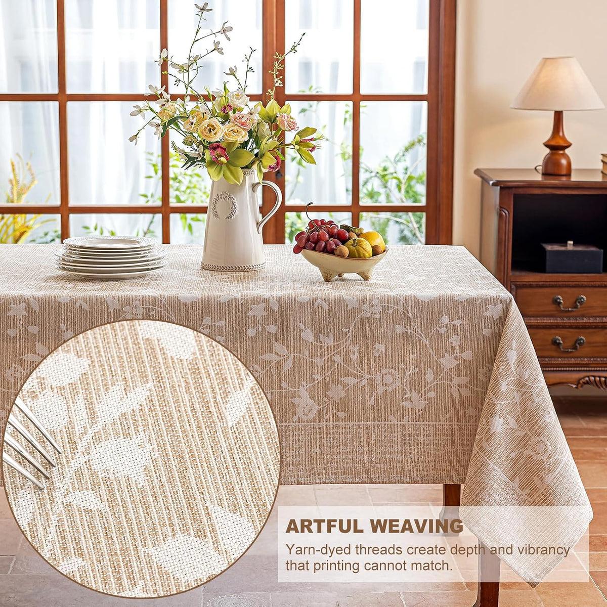 Midsummer Breeze French Country Beige Floral Tablecloth Rectangle 60”x75”