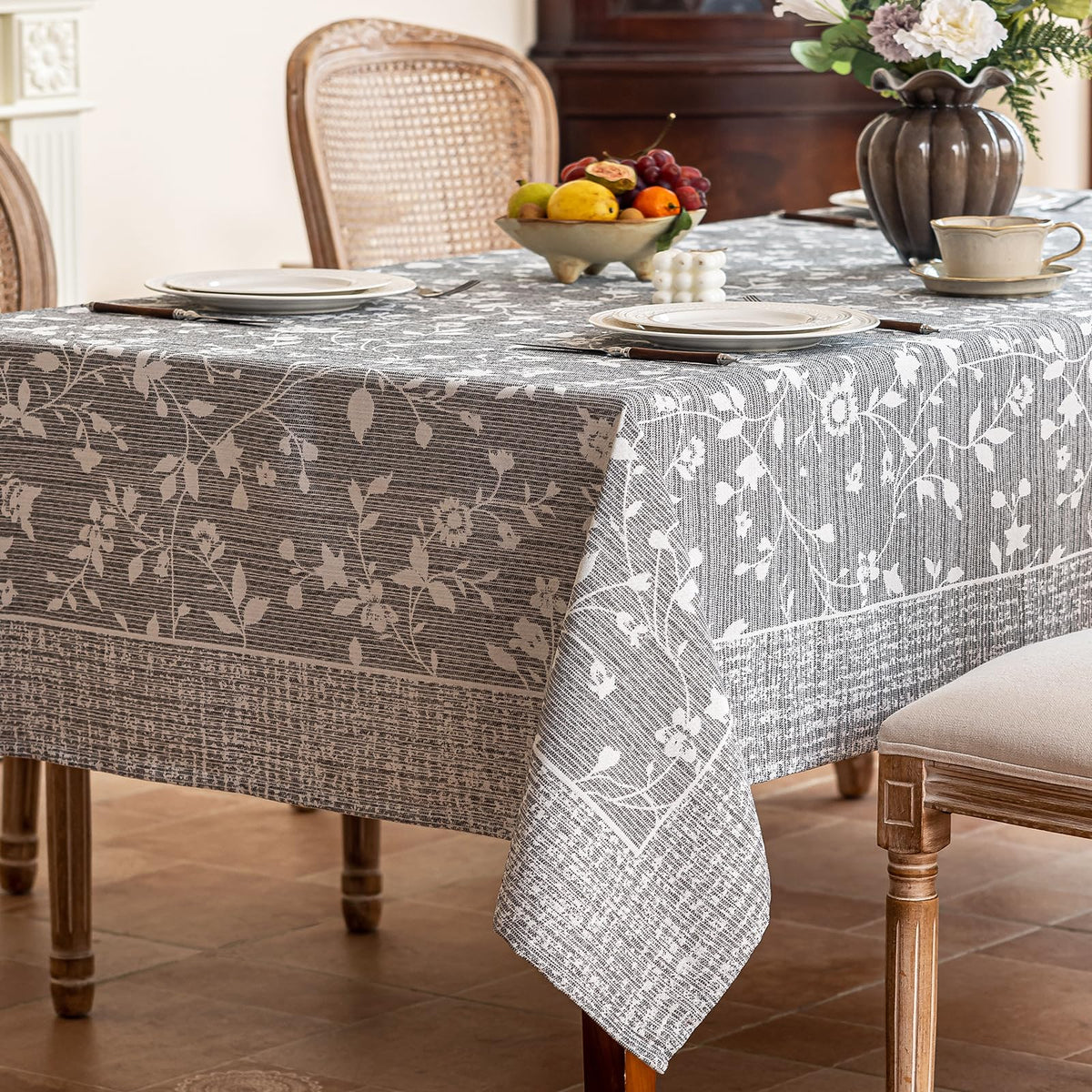 Midsummer Breeze French Country Beige Floral Tablecloth Rectangle 60”x75”