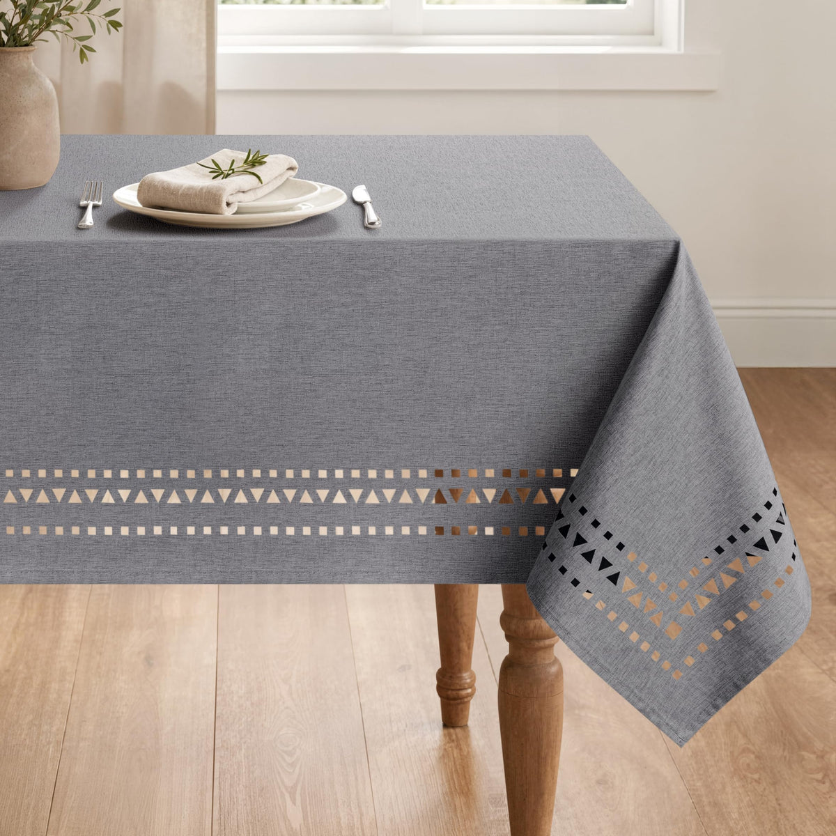 MIULEE 60 Inch Round Tablecloth with Decorative Cutouts Beige