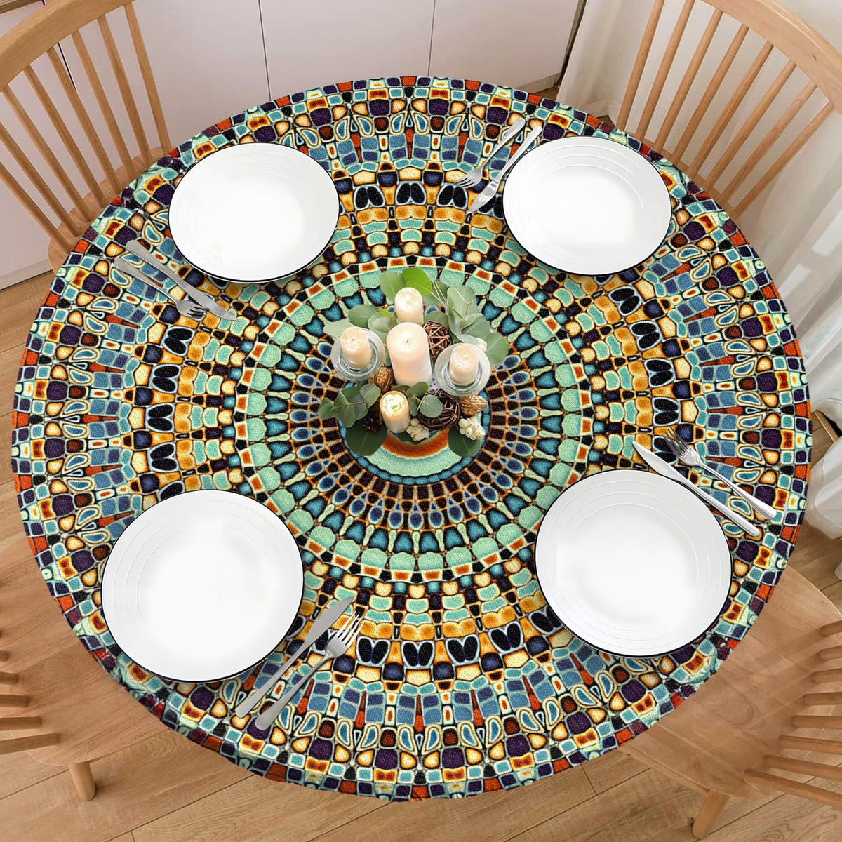 Wood Grain 48 Inch Round Fitted Cloth Tablecloth with Elastic Edged, Waterproof Oil Proof Wipeable Table Cover for Indoor Outdoor Patio Table, Fits Round Tables Up to 46" - 50" Diameter