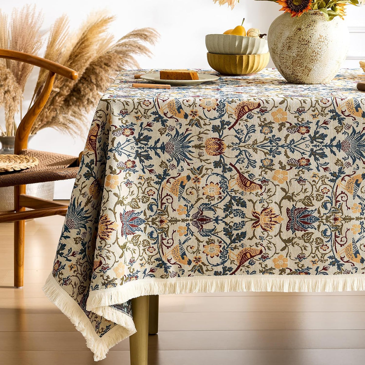 Farmhouse Floral Tablecloths Rectangular Vintage Table Cloth with Tassel