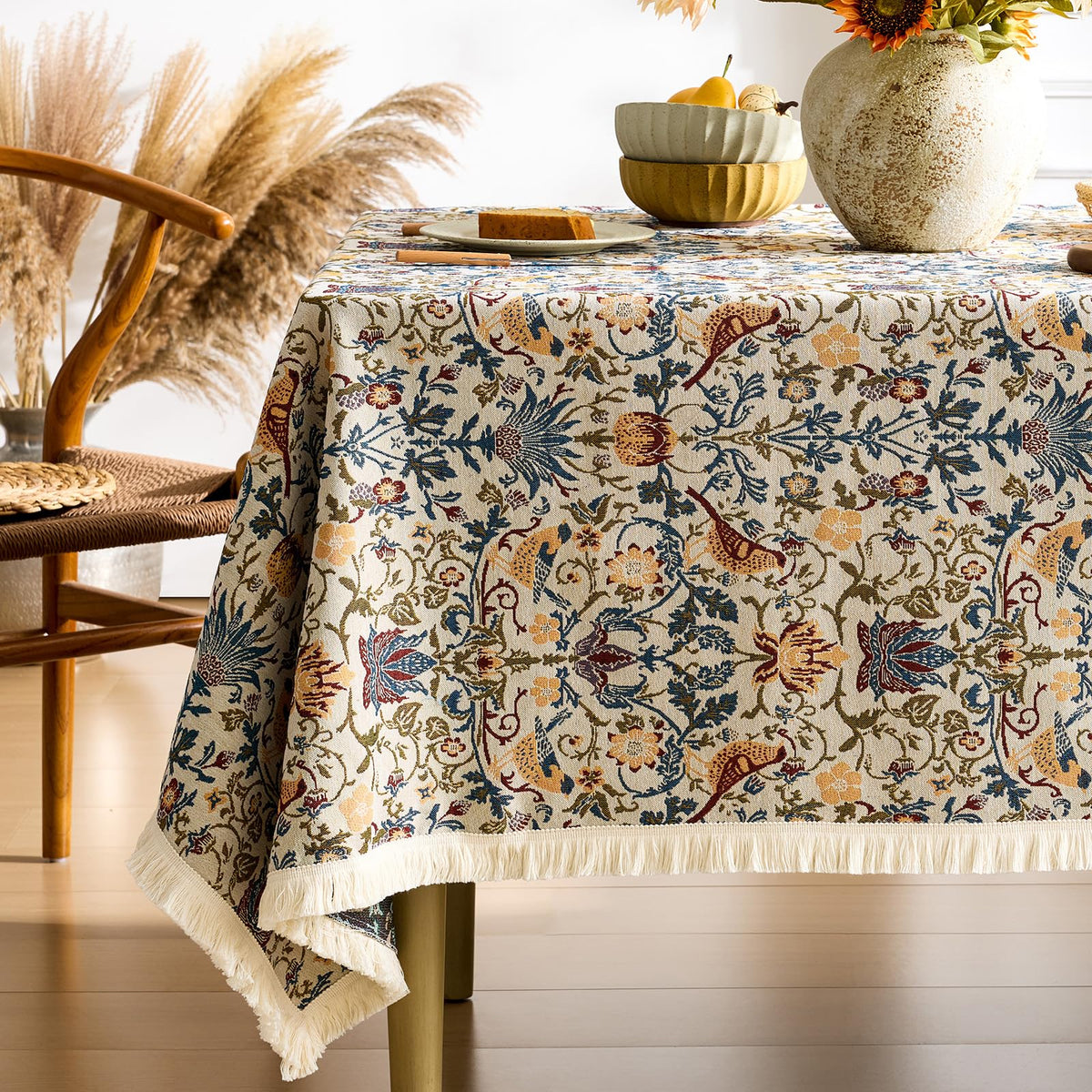 Farmhouse Floral Tablecloths Rectangular Vintage Table Cloth with Tassel