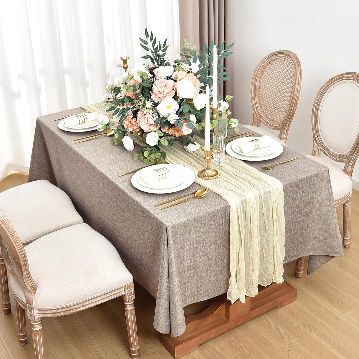 Fitable 2 Pack Linen Textured Rectangle Tablecloths, 52 x 70 Inch, Nature