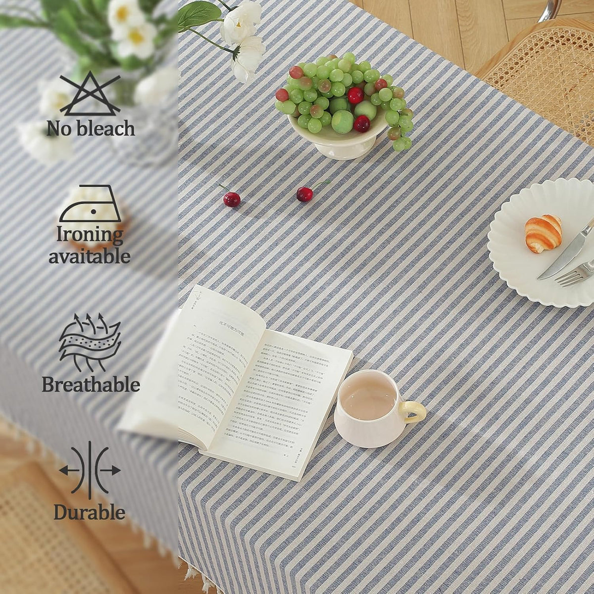 meioro Table Cloth Blue White Striped Tablecloth Tassels Cotton Blend Dust-Proof Table Cover for Dining Coffee Buffet Kitchen Picnic Tables, Parties Indoor Outdoor Square Tablecloths (36x36 Inch)