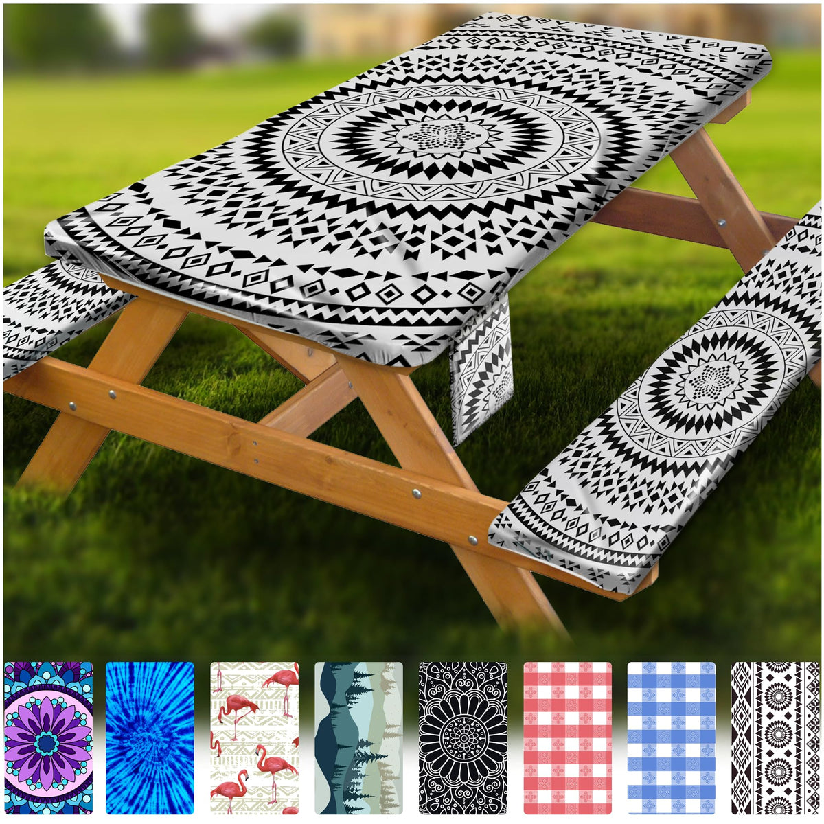 Fitted Picnic Table Cover with Bench Covers Vinyl Waterproof Elastic Edges Fitted Rectangle Tables Patio Tablecloth Camping Gear and Essentials Rv Accessories Road Trip Supplies Car Travel Must Haves