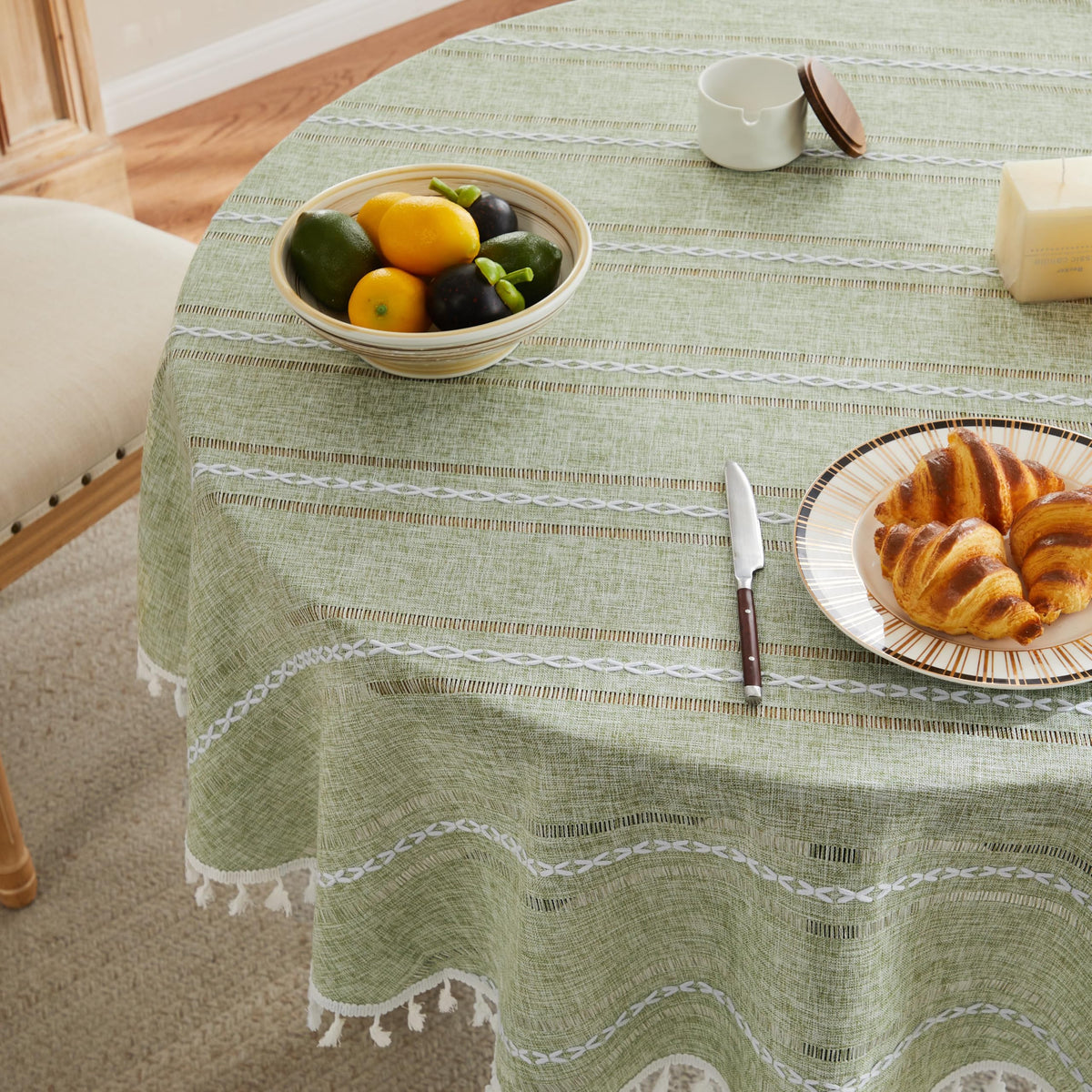 ZeeMart Hemstitched Striped Boho Table Cloth, 54x70 Inch Natural