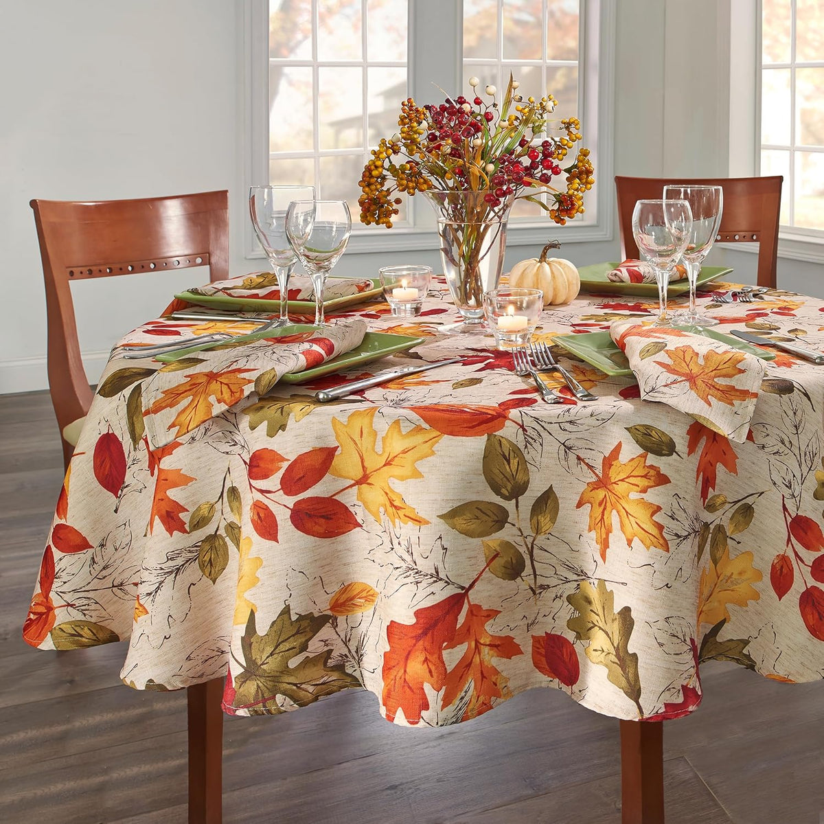 Threadmade Autumn Leaves Fall Printed Tablecloth, Multicolor - 70" W x 70" L Round
