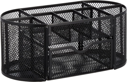 Amazon Basics Mesh Desk Organizer with Pen Holder, Pullout Drawer and Office Caddy Storage, 9.25" x 4.53" x 3.94", Black
