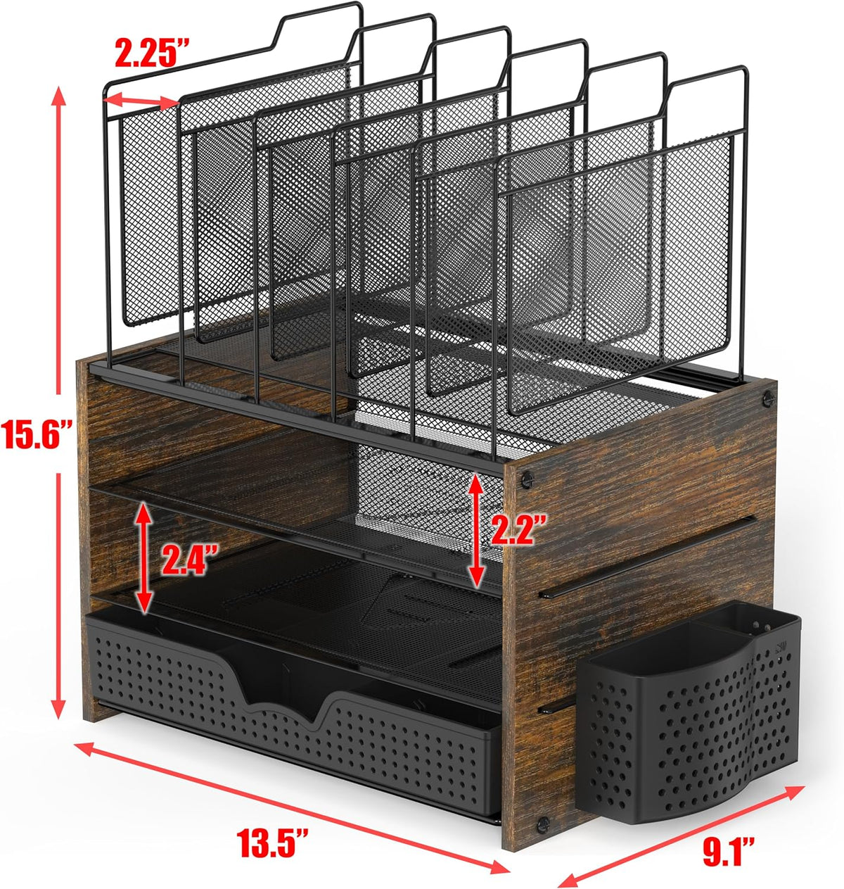 Simple Houseware Mesh Desk Organizer with Wooden Side Board, Rustic Brown