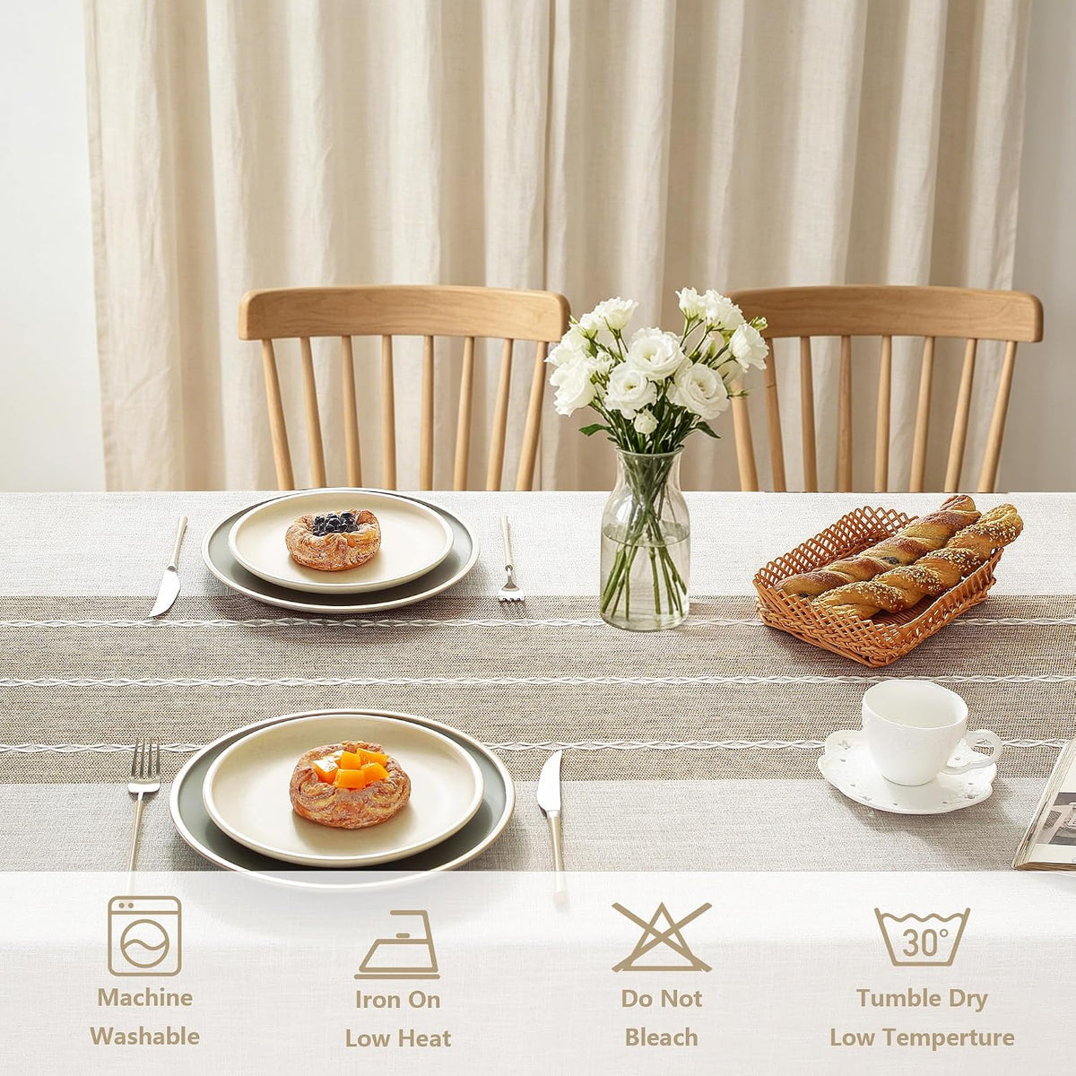 Cotton Linen Tablecloth, Water Resistant Holiday Table Cloth for Rectangle Table with Tassel, Washable Heavy Duty Wrinkle Free Table Cover for Dining Picnic, Coffee Lines, 75 X 55 Inch