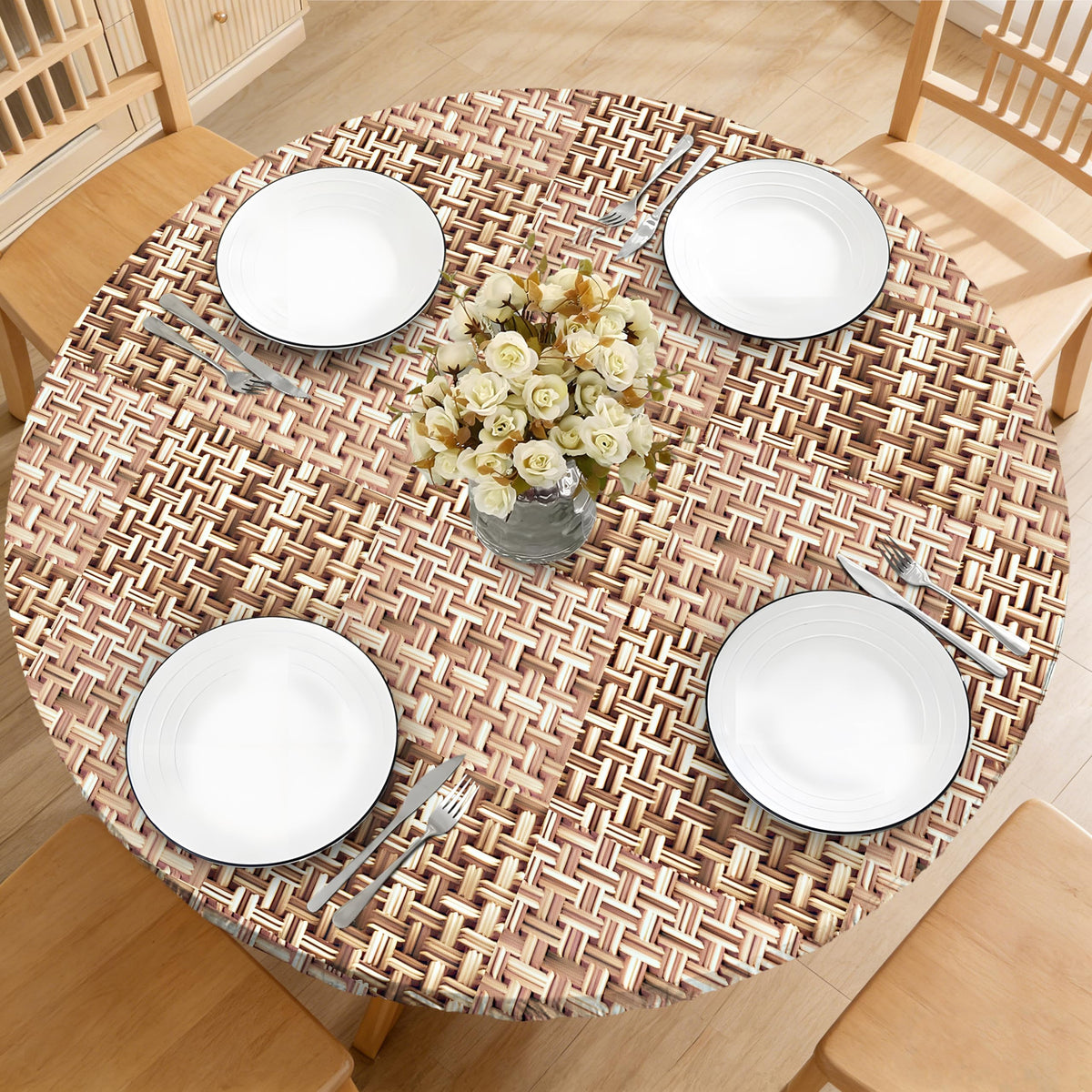 Wood Grain 48 Inch Round Fitted Cloth Tablecloth with Elastic Edged, Waterproof Oil Proof Wipeable Table Cover for Indoor Outdoor Patio Table, Fits Round Tables Up to 46" - 50" Diameter
