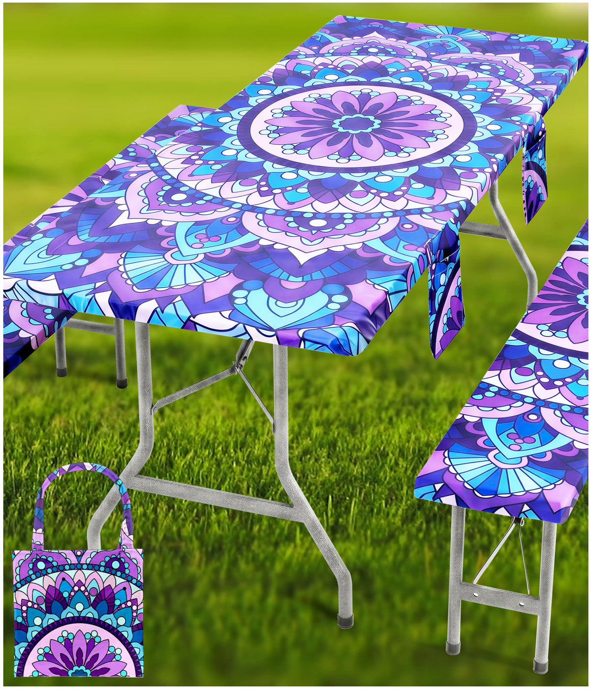 Fitted Picnic Table Cover with Bench Covers Vinyl Waterproof Elastic Edges Fitted Rectangle Tables Patio Tablecloth Camping Gear and Essentials Rv Accessories Road Trip Supplies Car Travel Must Haves