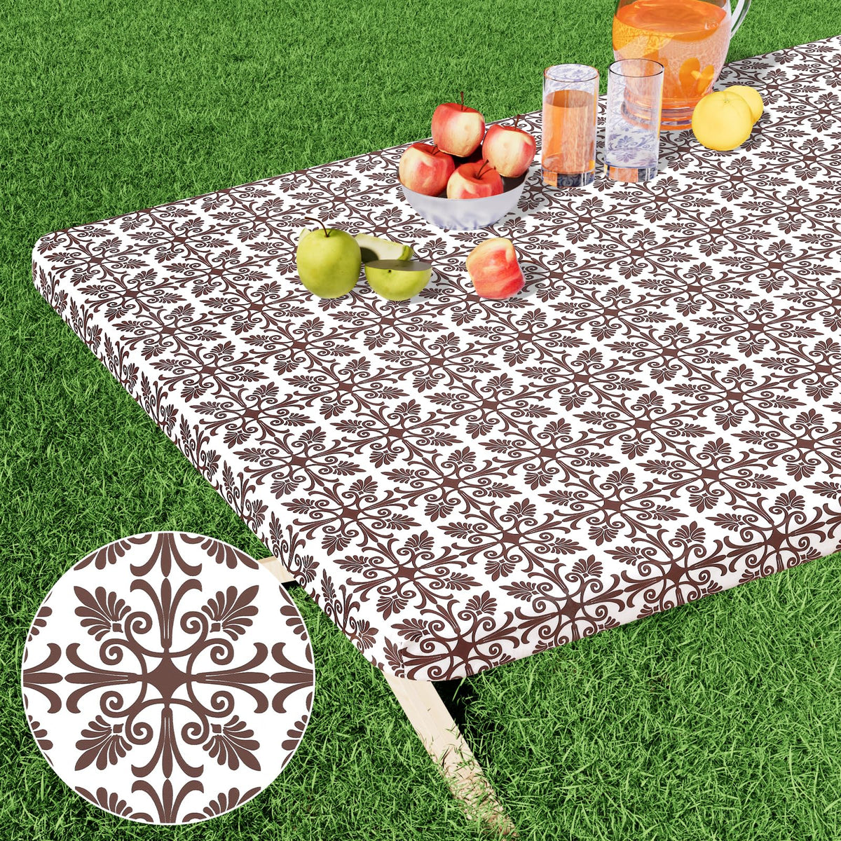 misaya Rectangle Vinyl Table Cloth, Elastic Fitted Flannel Backed Tablecloth, 100% Waterproof Plastic Table Cover Fits 4 Foot Folding Tables for Picnic, Camping, Outdoor (Khaki, 30" x 48")