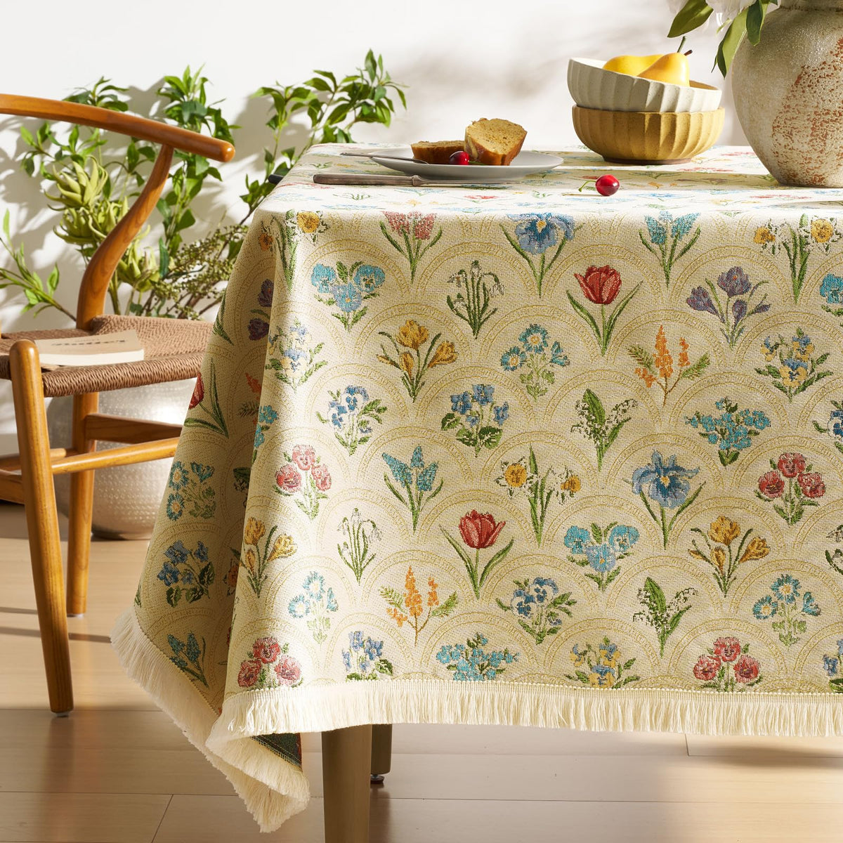 Farmhouse Floral Tablecloths Rectangular Vintage Table Cloth with Tassel
