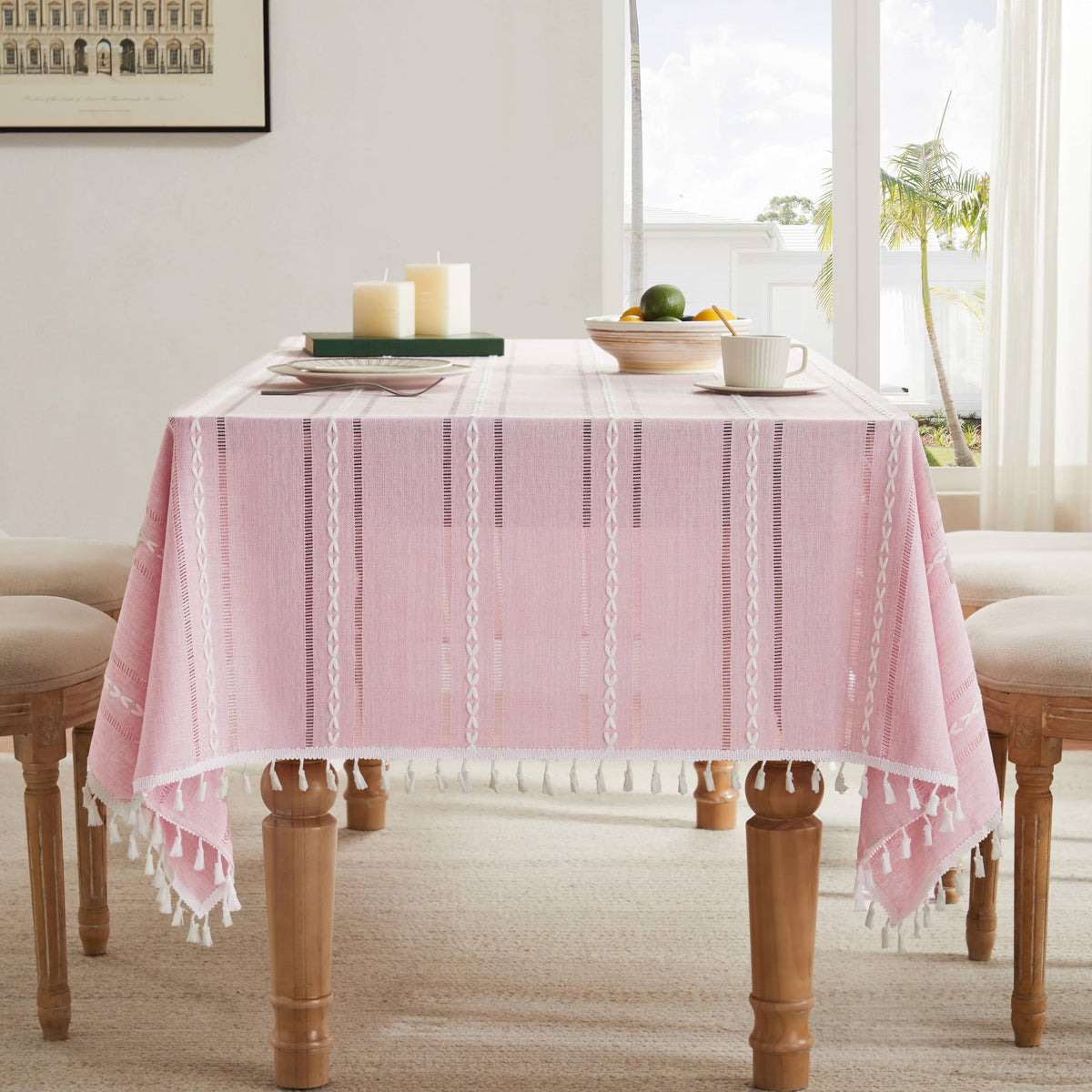 ZeeMart Hemstitched Striped Boho Table Cloth, 54x70 Inch Natural