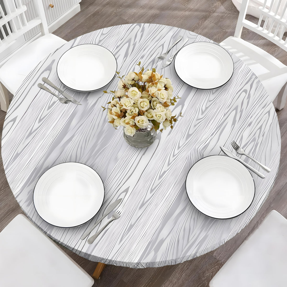 Wood Grain 48 Inch Round Fitted Cloth Tablecloth with Elastic Edged, Waterproof Oil Proof Wipeable Table Cover for Indoor Outdoor Patio Table, Fits Round Tables Up to 46" - 50" Diameter