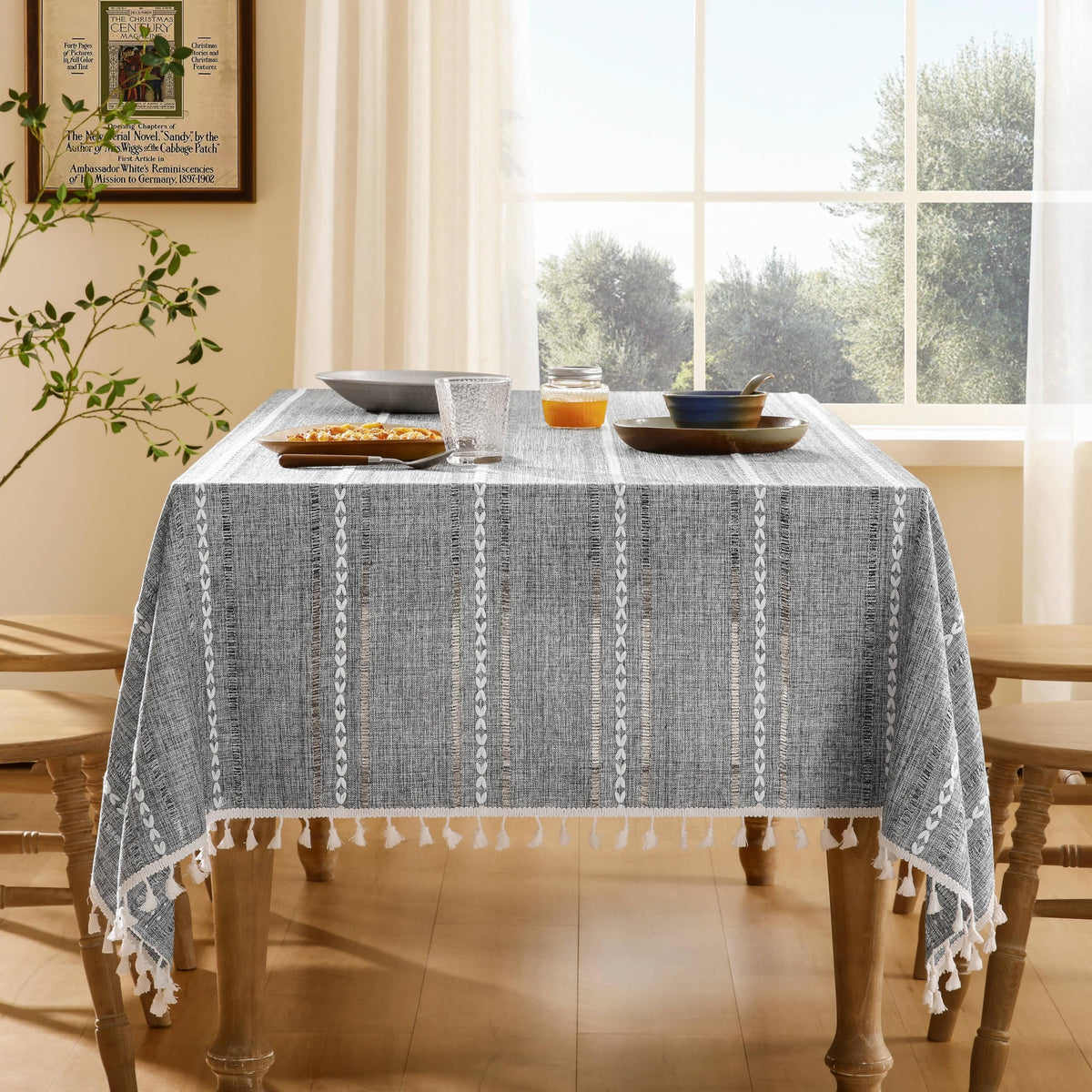 ZeeMart Hemstitched Striped Boho Table Cloth, 54x70 Inch Natural