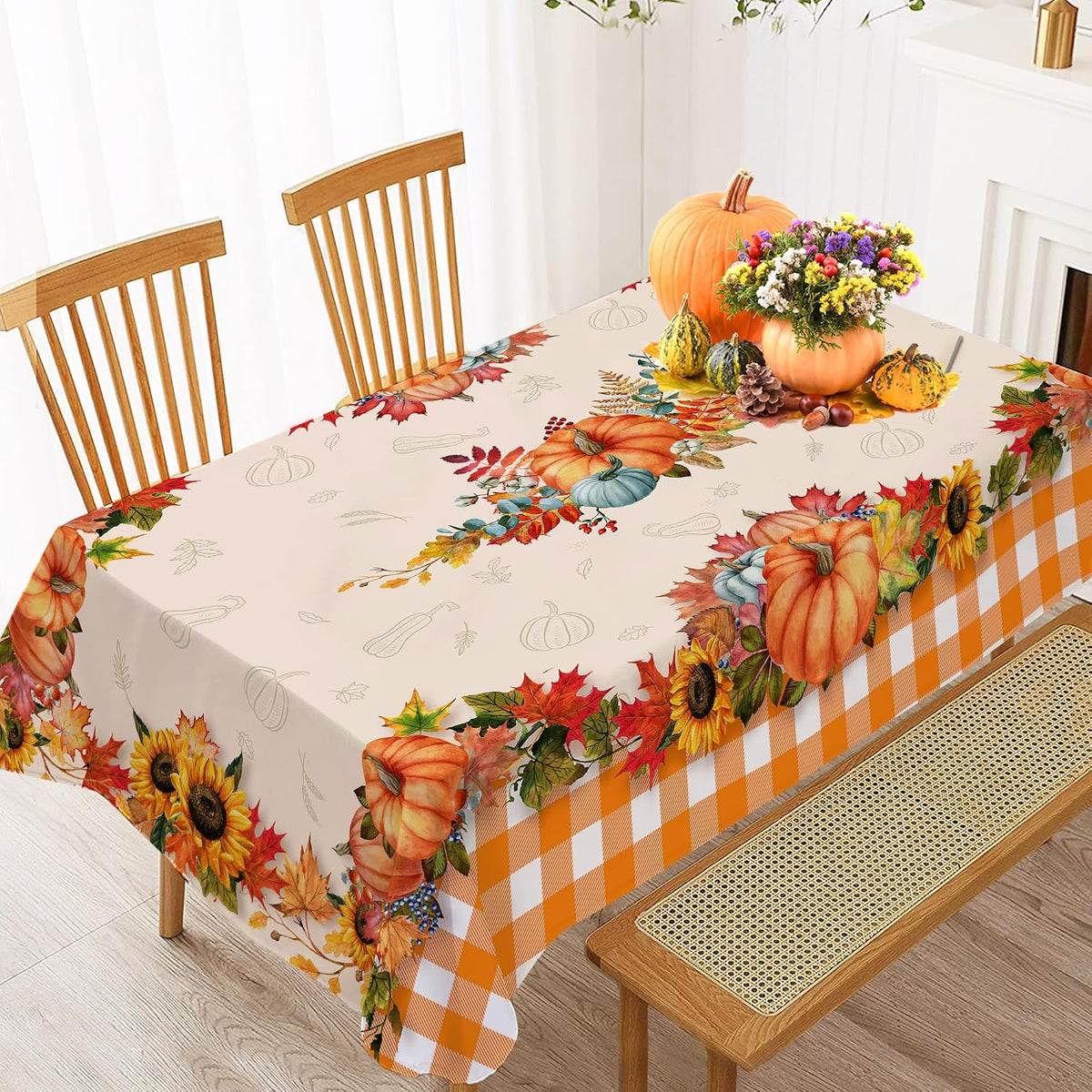 Hexagram Fall Tablecloth 52 x 70 Inches, Plaid Fall Table Cloth Rectangle