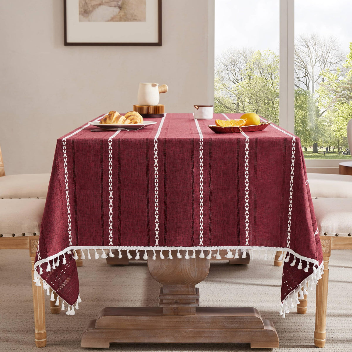 ZeeMart Hemstitched Striped Boho Table Cloth, 54x70 Inch Natural