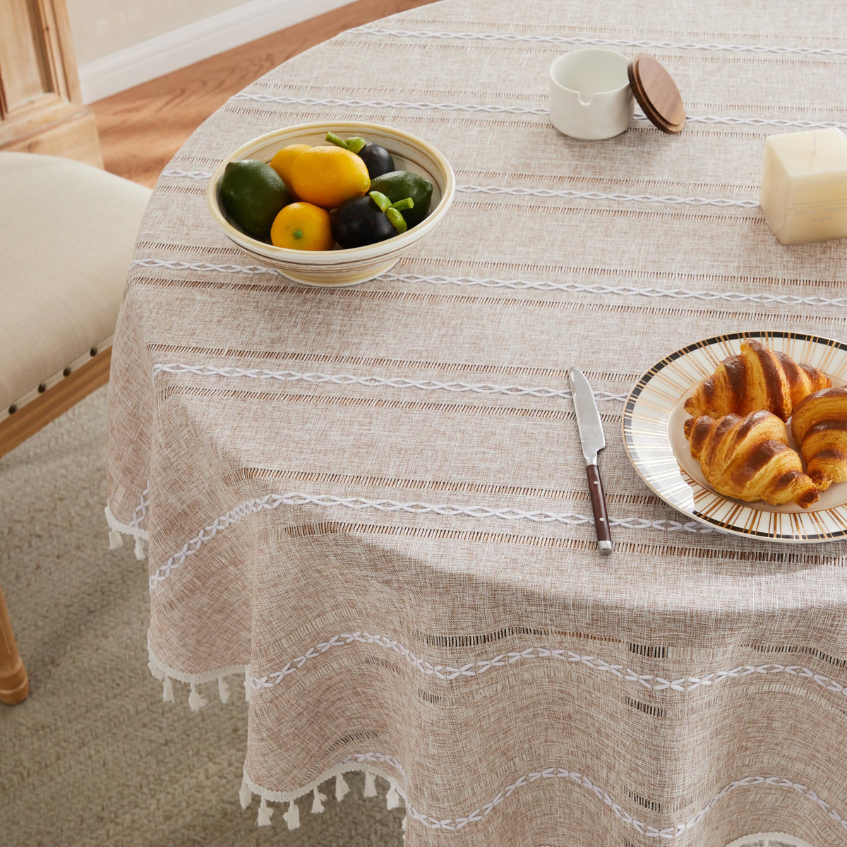 ZeeMart Hemstitched Striped Boho Table Cloth, 54x70 Inch Natural