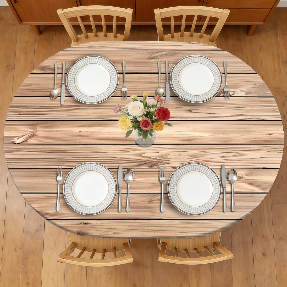 Wood Grain 48 Inch Round Fitted Cloth Tablecloth with Elastic Edged, Waterproof Oil Proof Wipeable Table Cover for Indoor Outdoor Patio Table, Fits Round Tables Up to 46" - 50" Diameter