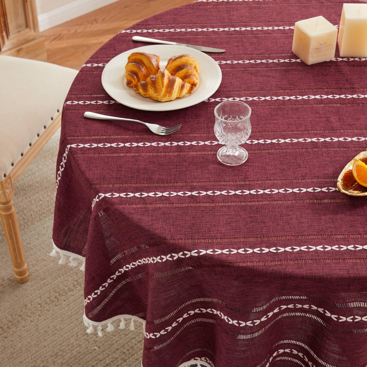 ZeeMart Hemstitched Striped Boho Table Cloth, 54x70 Inch Natural