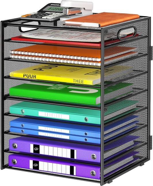Cawukege 9 Tier Paper Organizer with Handle, Black Large Capacity Desk Organizer Mesh File Folder Letter Paper Tray Desktop Document Sorter for Classroom, School, and Office Accessories Organization