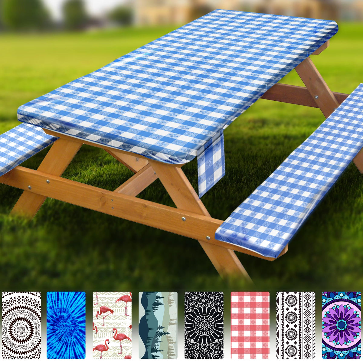 Fitted Picnic Table Cover with Bench Covers Vinyl Waterproof Elastic Edges Fitted Rectangle Tables Patio Tablecloth Camping Gear and Essentials Rv Accessories Road Trip Supplies Car Travel Must Haves