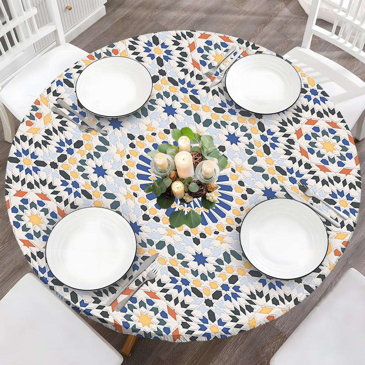 Wood Grain 48 Inch Round Fitted Cloth Tablecloth with Elastic Edged, Waterproof Oil Proof Wipeable Table Cover for Indoor Outdoor Patio Table, Fits Round Tables Up to 46" - 50" Diameter