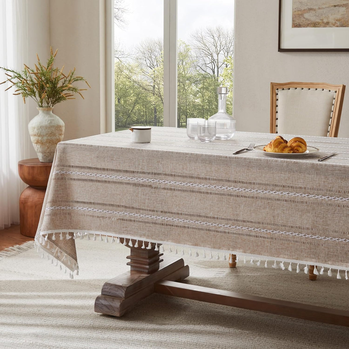 ZeeMart Hemstitched Striped Boho Table Cloth, 54x70 Inch Natural
