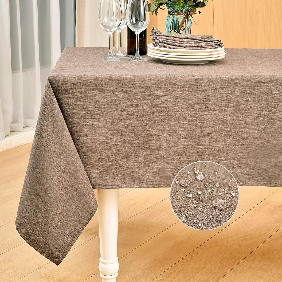 Mebakuk Rectangle Table Cloth Linen Farmhouse Tablecloth Waterproof Anti-Shrink Soft and Wrinkle Resistant Decorative Fabric Table Cover for Kitchen (Flaxen, 52" x 70" (4-6 Seats))