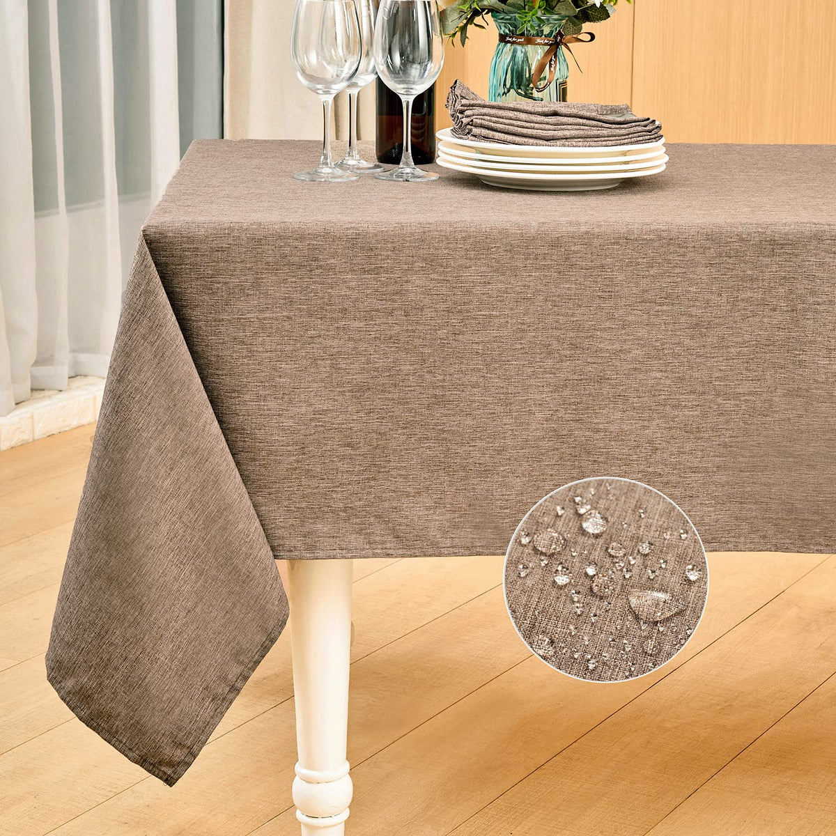 Mebakuk Rectangle Table Cloth Linen Farmhouse Tablecloth Waterproof Anti-Shrink Soft and Wrinkle Resistant Decorative Fabric Table Cover for Kitchen (Flaxen, 52" x 70" (4-6 Seats))