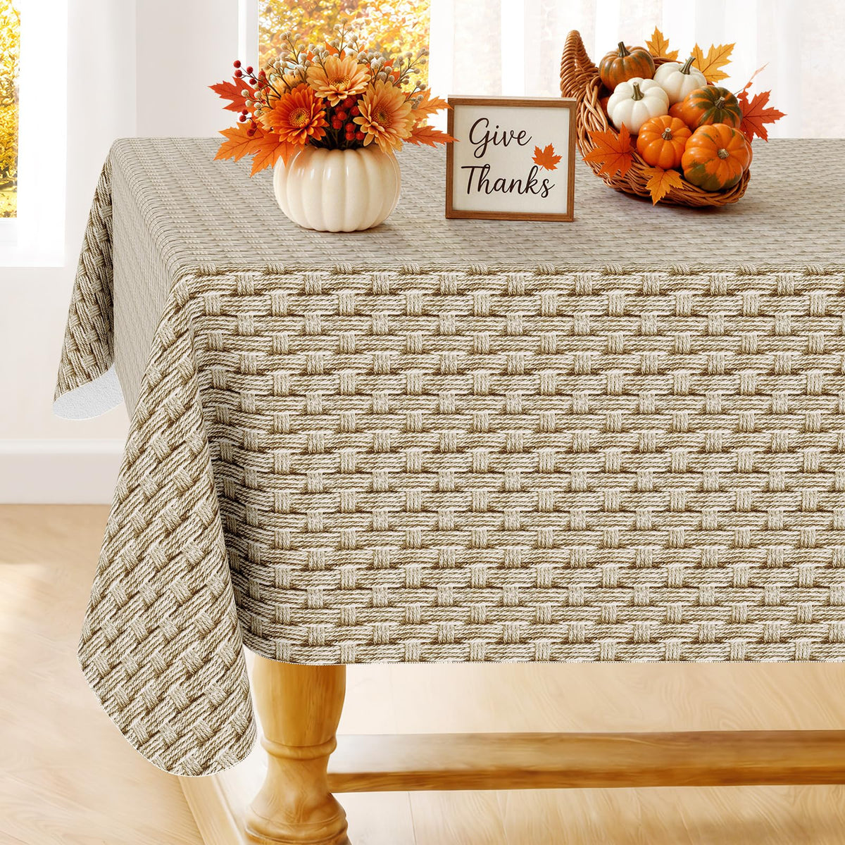 Smiry Rectangle Table Cloth, Waterproof Vinyl Tablecloths with Flannel Backing, Wipeable Spillproof Plastic Wood Grain Table Cover for Dining, Indoor and Outdoor (Beige, 60 "x 84")