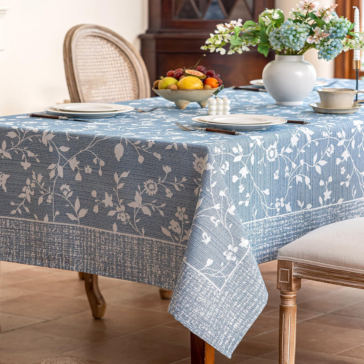 Midsummer Breeze French Country Beige Floral Tablecloth Rectangle 60”x75”
