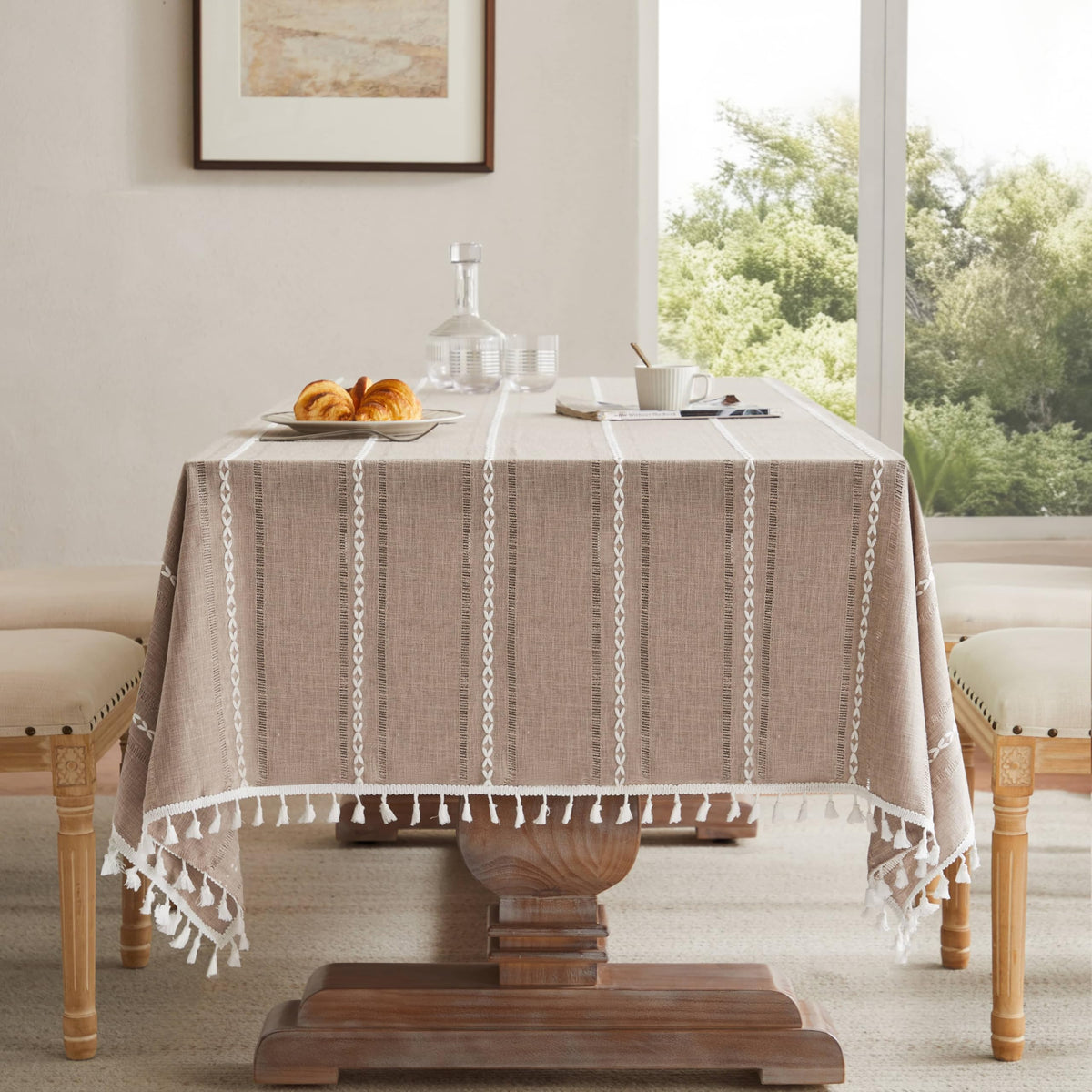 ZeeMart Hemstitched Striped Boho Table Cloth, 54x70 Inch Natural
