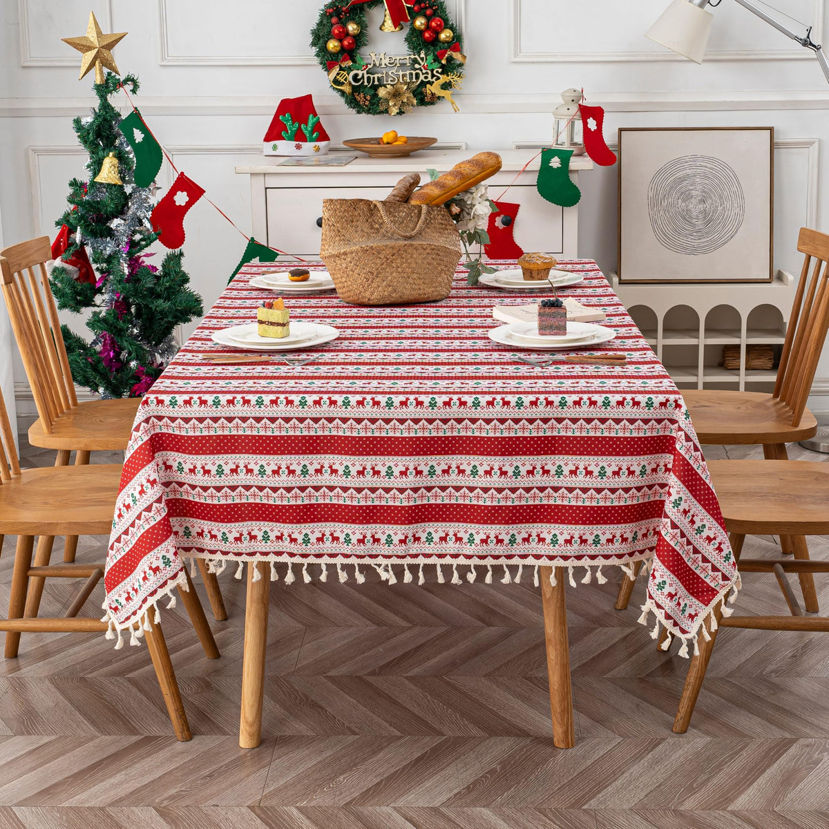 Boho Tablecloth for Square Tables,Fringed Edges with Geometric Pattern Tablecloths,Farmhouse Floral Table Cover Cloth Decorative for Kitchen Dining Room,59"x 59"