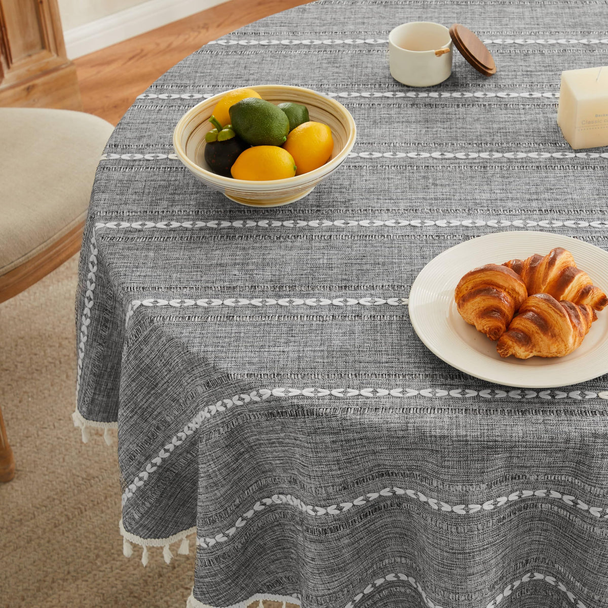 ZeeMart Hemstitched Striped Boho Table Cloth, 54x70 Inch Natural