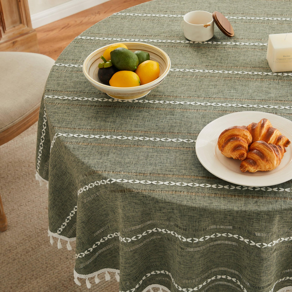 ZeeMart Hemstitched Striped Boho Table Cloth, 54x70 Inch Natural